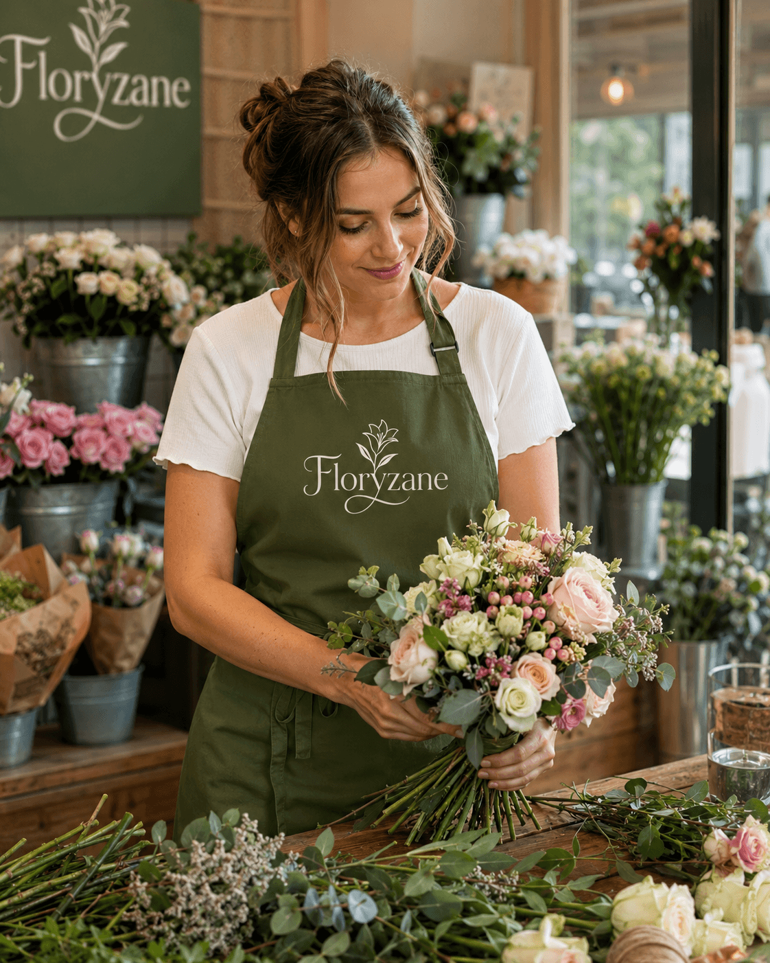 Fleuriste portant un tablier personnalisé brodé « Floryzane »